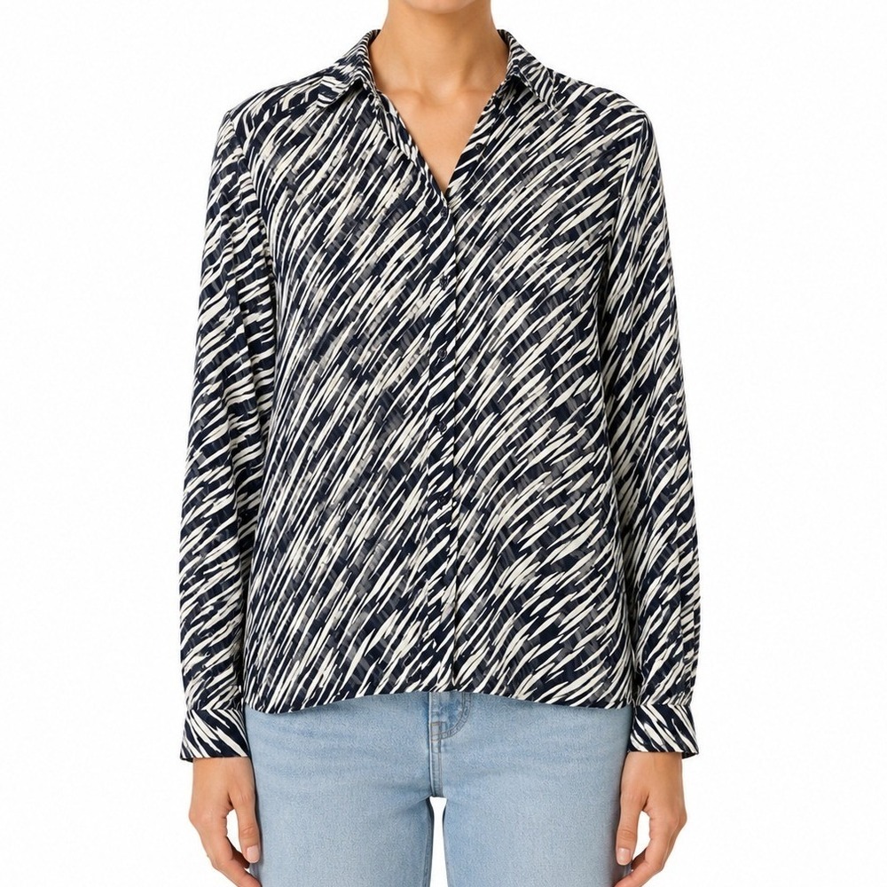VTG‎ 90s JAEGER London UK Made Sheer Cotton Navy Zebra Print Shirt Sz 36